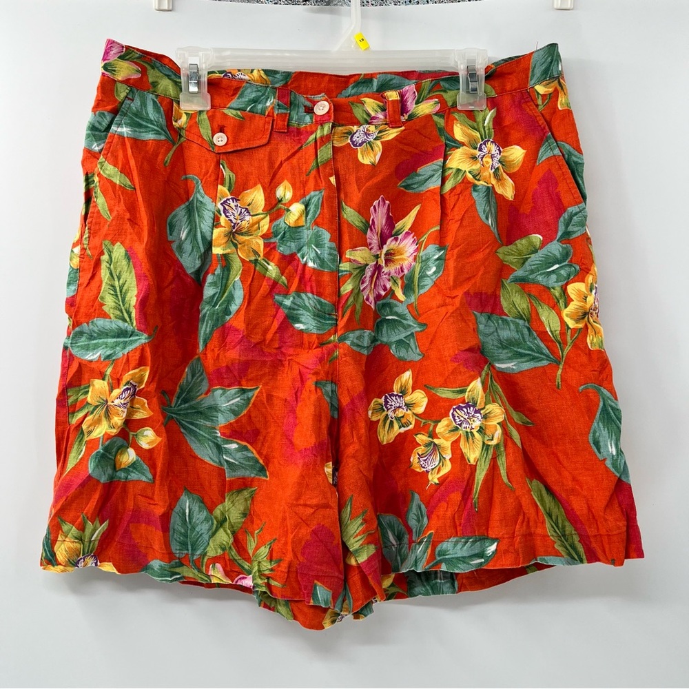 Lauren Ralph Lauren Linen Shorts 14W Orange Floral Tropical High Rise